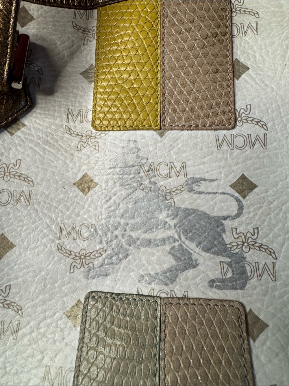 Luxury MCM Cream Visetos Tote J5638 Dark Mustard Trim, Silver Lion Banner - Picture 3 of 11